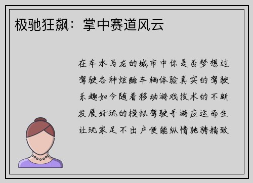 极驰狂飙：掌中赛道风云